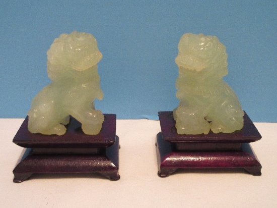 Pair - Jade Chinese Guardian Lion Foo Dogs Carved Sculpture Statuettes
