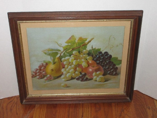 Vintage Still Life Stem Foliage Fruit in Pine Frame Antique Lithograph Gilded Trim