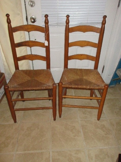 Vintage Pair - Oak Ladder Back Chairs w/ Rush Seats Finial Accent