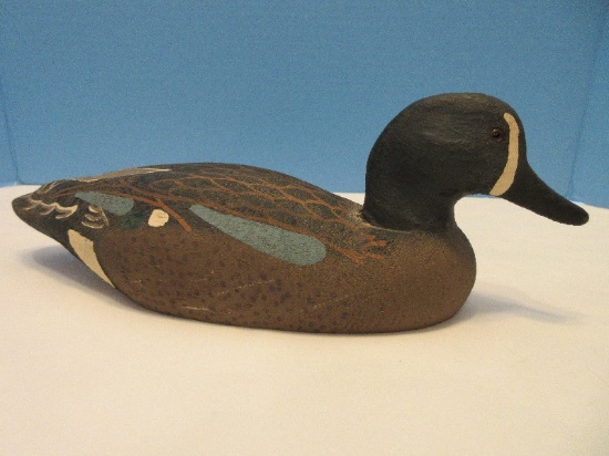 Herters Inc. Carved Wooden Figural Duck Decoy w/ Glass Eyes Hand Painted Base Embossed