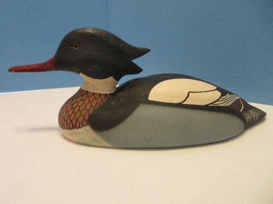Carved Wooden Figural Duck Decoy Long Beak Hand Painted Details