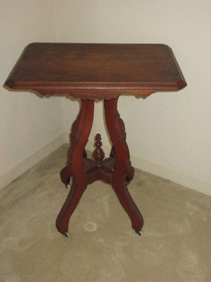 Traditional Eastlake Style Walnut Parlor Center Table w/ Base Finial on Porcelain Casters
