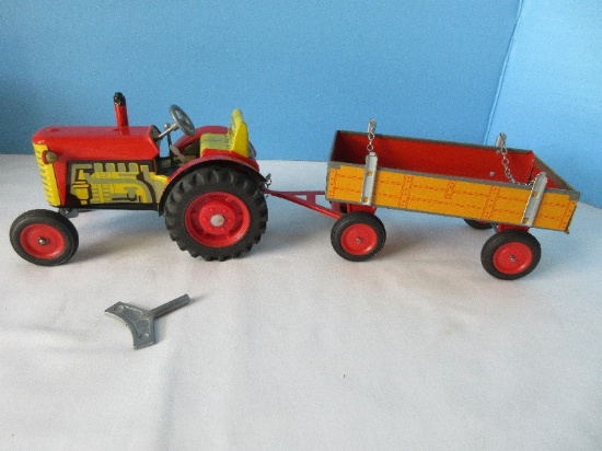 Litho Tin Awesome Schylling Tractor & Trailer Features Clockwork Wind-Up Motor