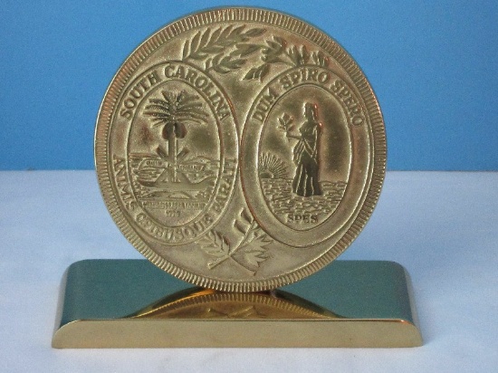 Virginia Metal Crafters Brass Seal of South Carolina On Stand Back Embossed Patchwork