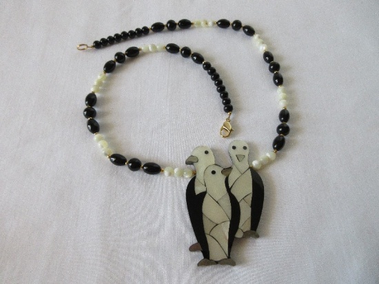 Lee Sands Mother of Pearl Inlaid Trio Penguins Necklace Black & White Polished Stone Beads