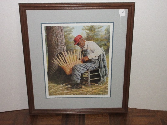 Titled "The Basket Weaver" Attributed to Signed Pencil Bill Burkett Lithograph