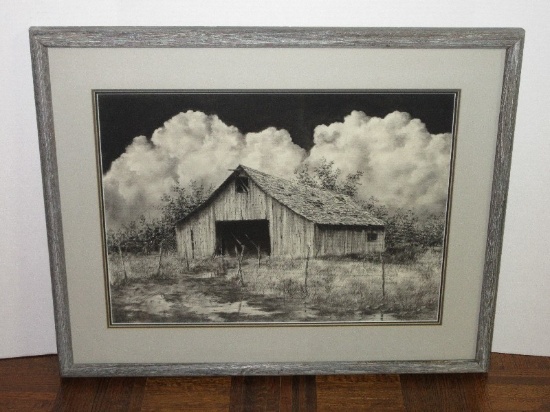 Realistic Dilapidated Barn Billowing Clouds Background Chalk Drawing '89 Artist Ragland