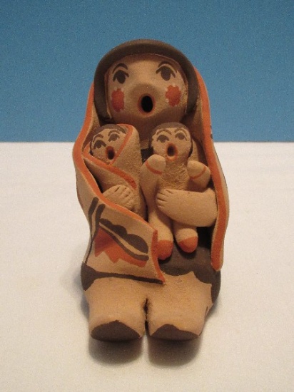 Signed L.M, Jemez Native American Pottery Storyteller Figural Mother Holding 2 Children