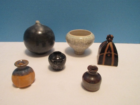 Collection 5 Pieces - Artisan Pottery Vessels Covered Trinket Box Batton '05 3 1/4" H