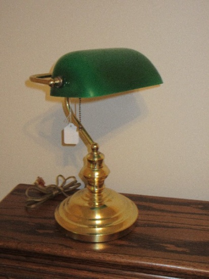 Classic Bankers Desk Lamp Green Glass Shade on Curved Arm Plinth Base Brass Tone