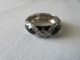 Stamped 925 Sterling Silver Impressive Black Enamel & Cubic Zirconia Zig-Zag  Ring