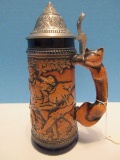 Unique German Gerz Beer Stein Hunting Wild Boar Relief Scene w/ Fox Handle & Lid