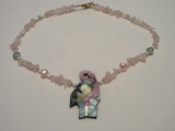 Vintage Lee Sands Flamingo Necklace Inlaid Abalone Czech Glass Rose Quartz Beads