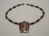 Vintage Lee Sands Sea Turtle Beaded Necklace Pendant Inlaid Abalone