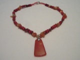 Striking Banded Carnelian Opaque & Other Agate Necklace Pendant Lobster Clasp