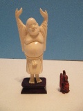 Carved Bone Buddha Statuette on Wood Pedestal 4 3/4