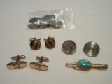 Group - 2 Pair Men's Cuff Links Tiger Eye & Other Tie Clip, 1937 Buffalo Nickel & Other