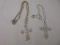 2 Cross Pendant Necklaces Faux Pearl & Filigree w/ Rhinestone Accents