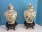Chinoiserie Striking Pair Andrea Porcelain Ginger Jars w/ Lids Birds Perched Floral