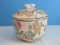 Semi-Porcelain Footed Bowl w/ Lid Hand Painted Oriental Floral & Fruit Design