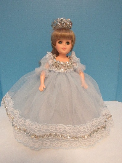 Collectible Vintage Princess 13" Doll Lace Gown w/ Sequins & Crown Ribbed Accent