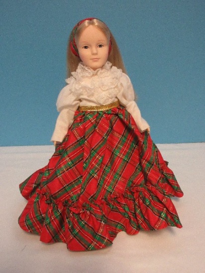 1987 Collectible 11" Effanbee Vinyl Christmas Doll on Stand Wearing Plaid Skirt Lace Blouse