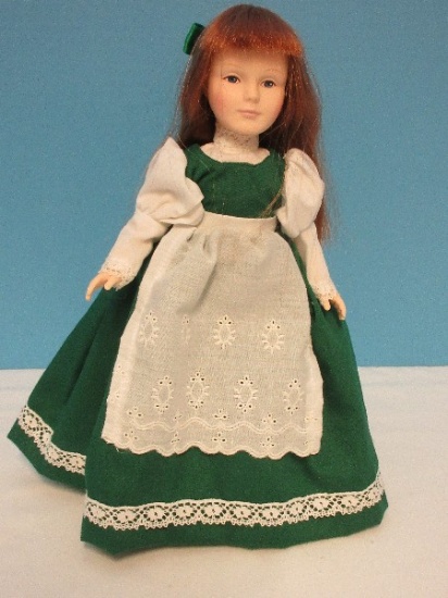 1987 Collectible 11" Effanbee Vinyl Doll on Stand Girl Wearing Green Dress w/ Lace Trim