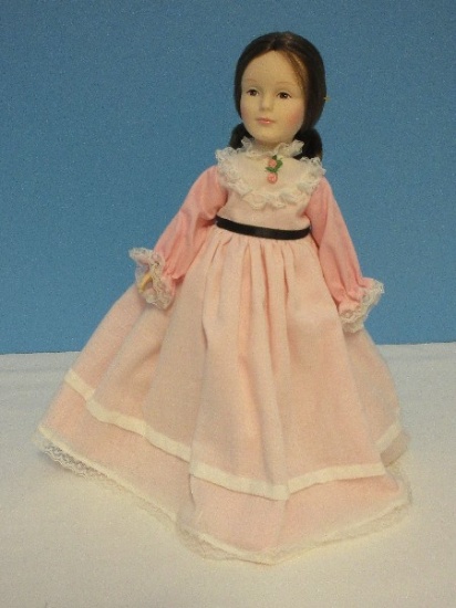 1987 Collectible 11" Effanbee Vinyl Doll on Stand Girl Wearing Pink Dress Lace Trim