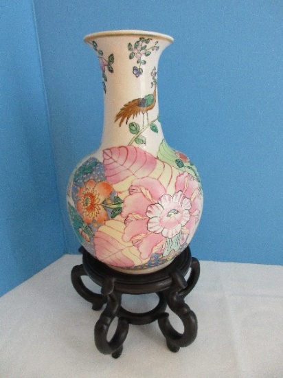 8" Porcelain Ball Vase Tobacco Leaf Pattern Hand Painted Design