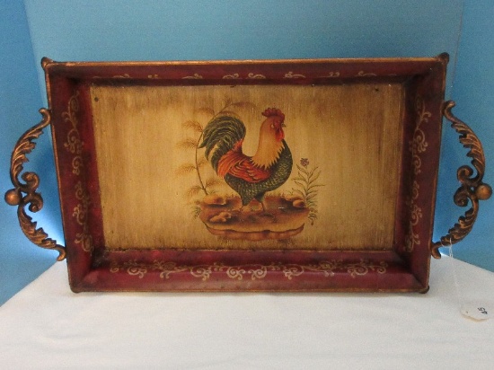 Rectangular Footed Tray w/ Scrolled Foliate Handles & Rooster Design Antiqued Patina