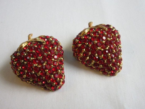 Pair - Sparkling Red Rhinestone Strawberry Brooches