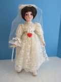 Collectors Dynasty Doll Collection Porcelain Bride Doll Lace Gown, Nosegay & Veil on Stand