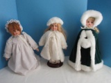 3 Collectible Porcelain Dolls Green Crushed Velvet Faux Fur Trim Cape Victorian Girl 15
