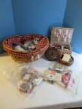 2 Sewing Baskets w/ Misc. Buttons, Spools of Thread, Ruffler by Singer, Needles, Etc.