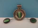Gorgeous Mexico 925 = Sterling Fashion Jewelry Set Green Tiger Eye Pendant Enhancer