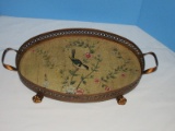 Oval Handle Serving Tray Bird, Butterfly & Flowering Vine Design Craquelure Finish