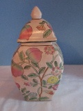 Semi-Porcelain Unique Square Shape Ginger Jar w/ Lid, Floral & Peach Design