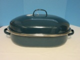 Large Oblong Enamelware Roaster w/ Lid Bottom Pan