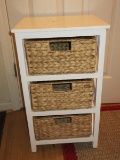 White Laminate Cabinet w/ 3 Seagrass Basket Drawers w/ Slit Handle Pulls