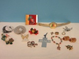 Misc. Christmas Wrist Watch, Beaded Bracelet, Brooches, Clip on Earrings, Etc.