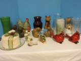 Group - Resin Pair Cardinal Red Birds, 2 Chubby Bird, Adorable Cat, 2 Candles