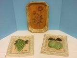 Pair - 3 Dimensional Fruit Resin Wall Plaques Apples/Grapes