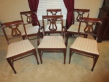Set - 6 Mahogany Lyre Back Chairs w/ Beige Damask Upholstered Seats on Spade Feet