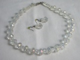 Crystal Aurora Borealis Beaded Necklace w/ Pierced Dangle Earrings