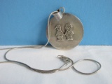 Stamped 925 = Sterling Medallion Pendant w/ Boy & Girl Figures