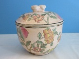 Semi-Porcelain Footed Bowl w/ Lid Hand Painted Oriental Floral & Fruit Design