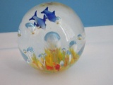 Art Glass Sphere Paper Weight Swimming Dolphins & Control Bubble Design