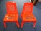 Pair - Vintage Japan Red Plastic Child Chairs w/ Cartoon Cooking Motif