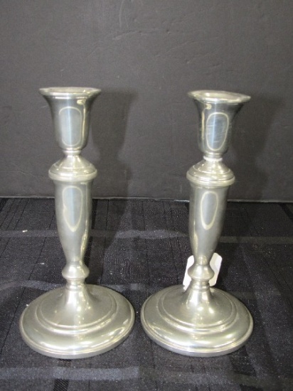Empire Pewter Pair - Candle Sticks Spindle Design, 1 w/ Dedication on Base