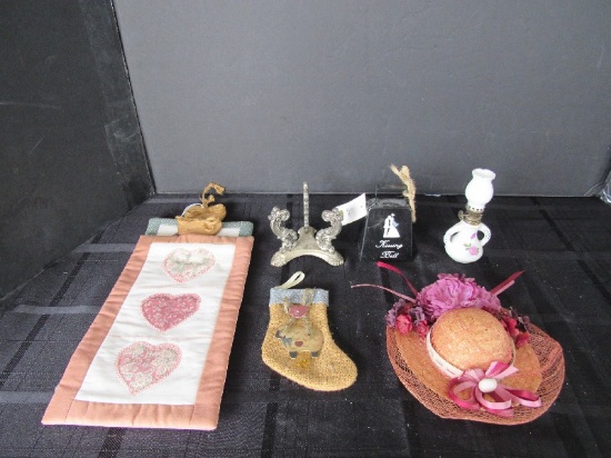 Décor Lot - Miniature Oil Lamp, Kissing Bell Candle Holder, Hat, Wall Décor, Etc.